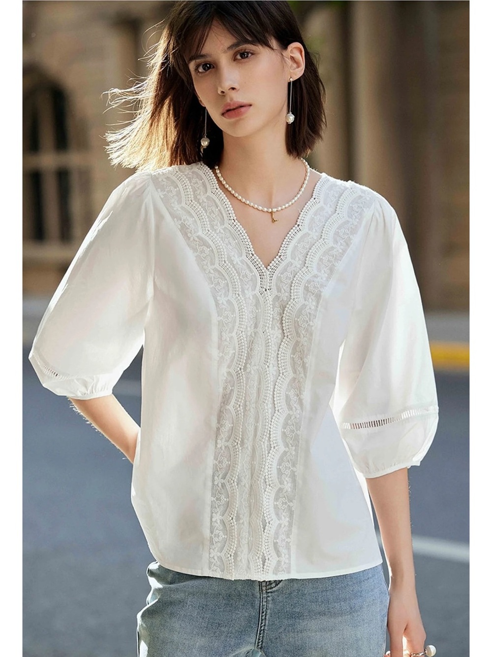 Lily White V-Neck Lace Trim Puff Sleeve Blouse